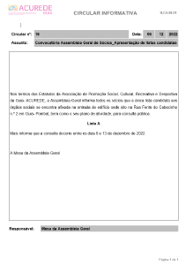 Convocatória Assembleia Geral de Sócios Apresentação de listas candidatas